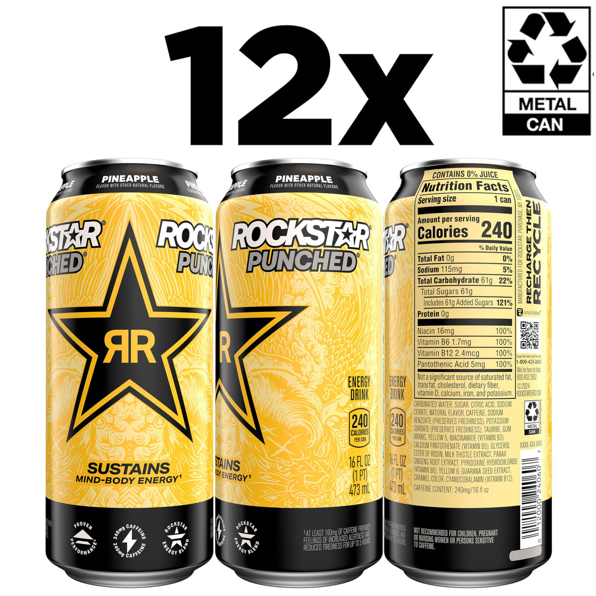 Rockstar Punched Pineapple Energy Drink – 16oz Cans (12-Pack) | Rockstar Energy