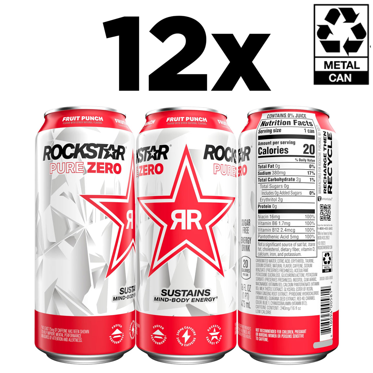 Rockstar Pure Zero Energy Drink Fruit Punch - 0 Sugar, 75mg Caffeine, 16oz Cans (12 Pack) - Packaging May Vary