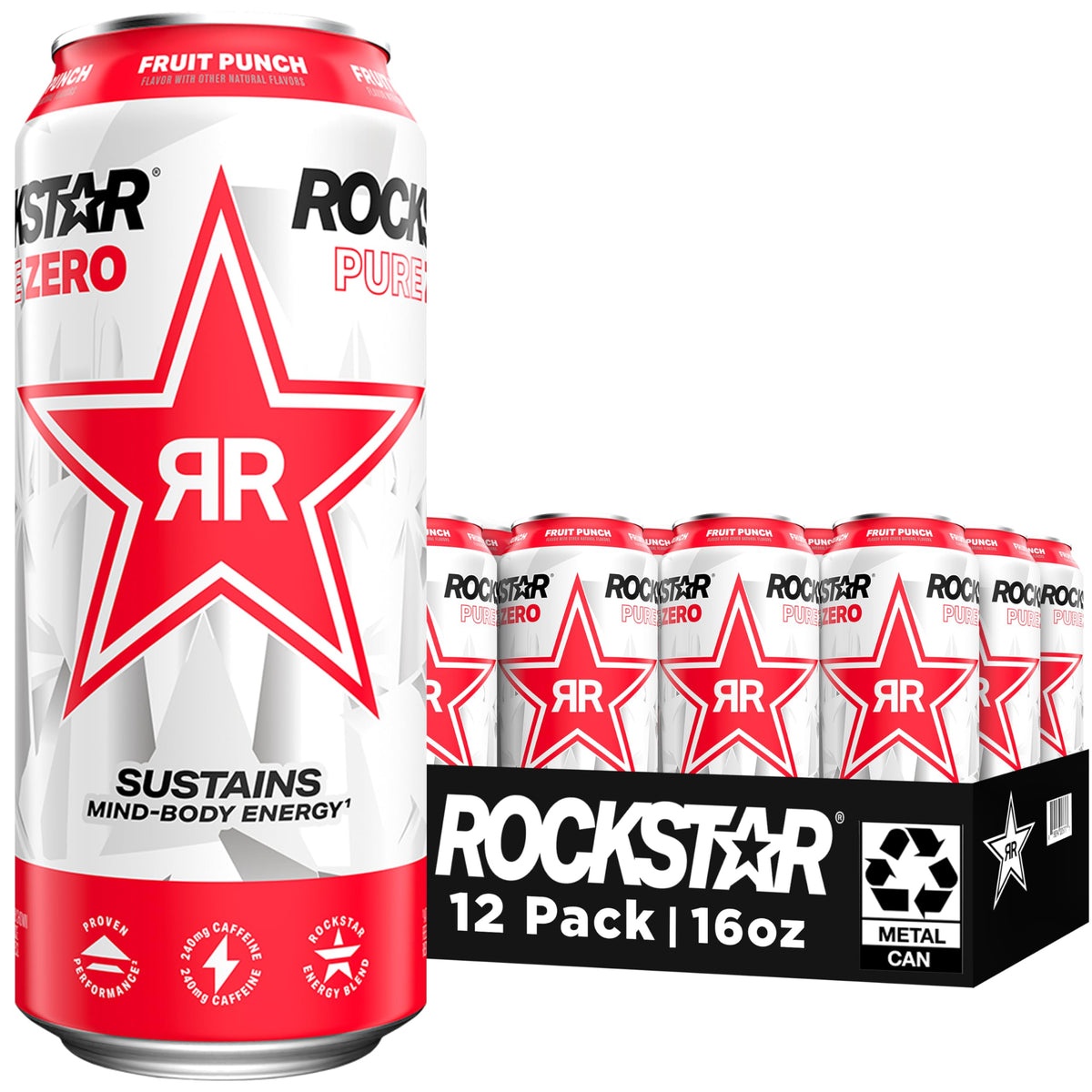 Rockstar Pure Zero Energy Drink Fruit Punch - 0 Sugar, 75mg Caffeine, 16oz Cans (12 Pack) - Packaging May Vary