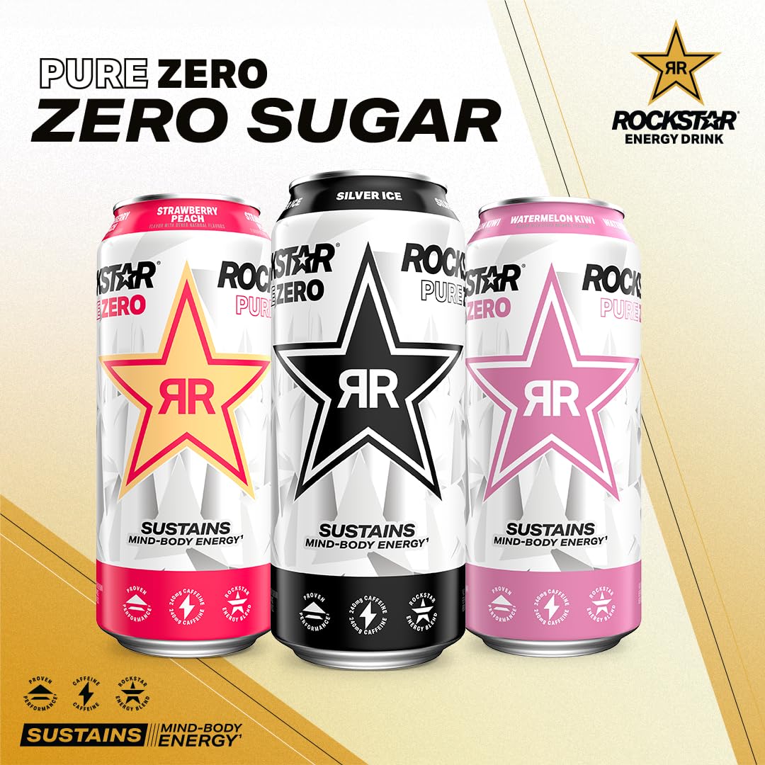 Rockstar Pure Zero Energy Drink Fruit Punch - 0 Sugar, 75mg Caffeine, 16oz Cans (12 Pack) - Packaging May Vary