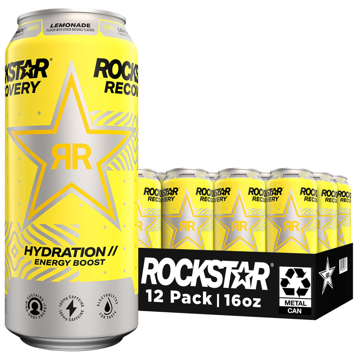 Rockstar Recovery Lemonade – Non-Carbonated Energy Drink, 160mg Caffeine, 12 x 16oz