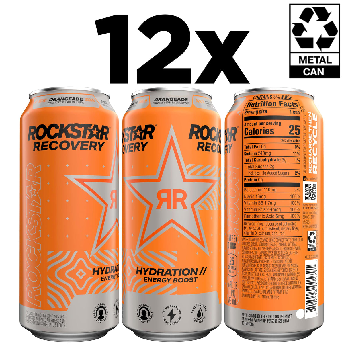 Rockstar Recovery Orange Energy Drink – 12 Pack, 16 Fl Oz Cans