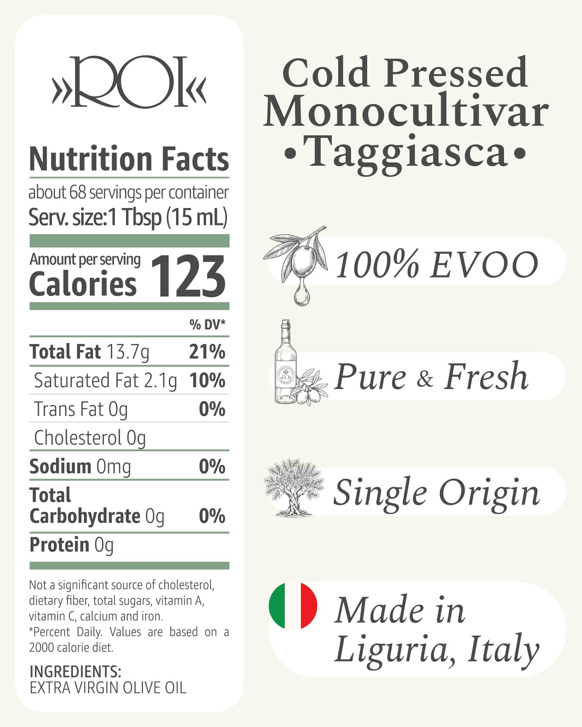 ROI Ligurian Extra Virgin Olive Oil | Taggiasca Single-Origin EVOO, Early Harvest, Cold-Pressed 1 L