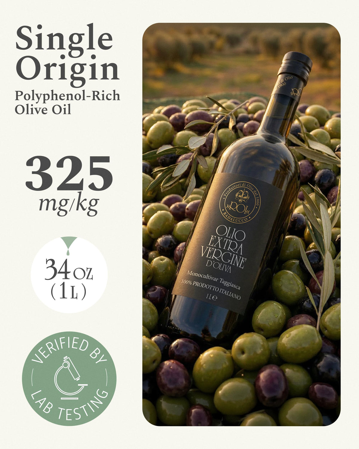 ROI Ligurian Extra Virgin Olive Oil | Taggiasca Single-Origin EVOO, Early Harvest, Cold-Pressed 1 L