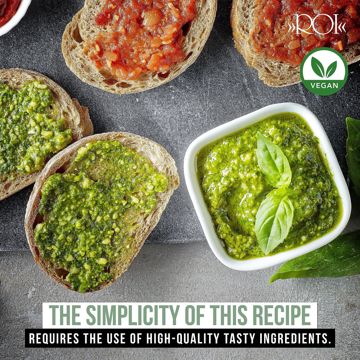 ROI Vegan Pesto Sauce — Genovese DOP Basil, Ligurian EVOO, Gluten Free & Keto Friendly, Non-GMO Italian Pesto (6.3 oz)