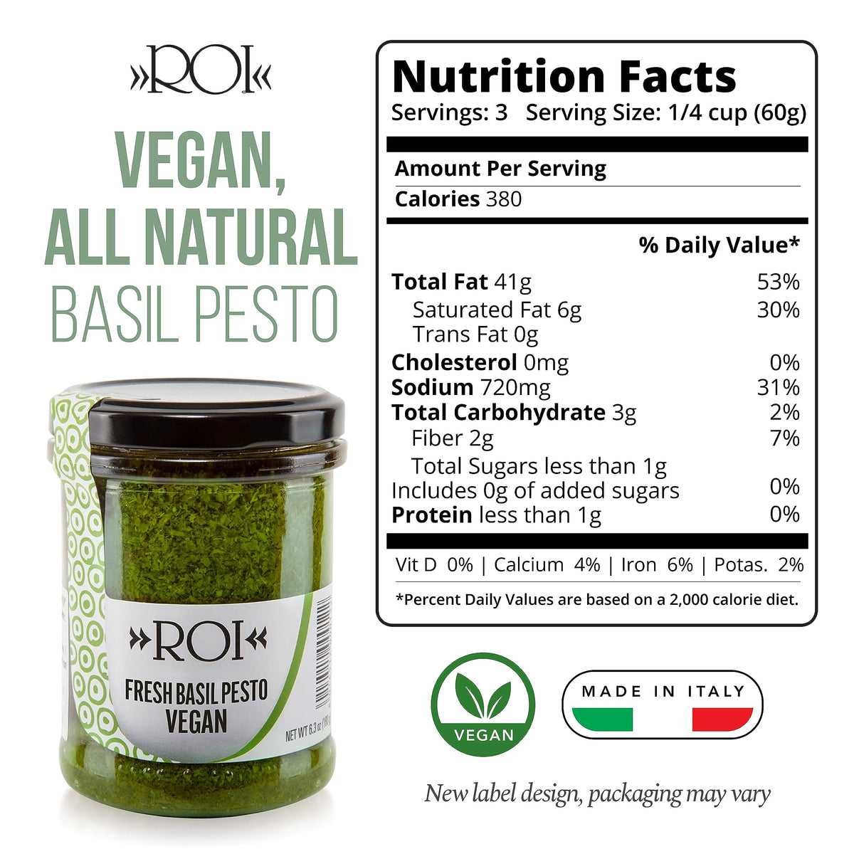ROI Vegan Pesto Sauce — Genovese DOP Basil, Ligurian EVOO, Gluten Free & Keto Friendly, Non-GMO Italian Pesto (6.3 oz)