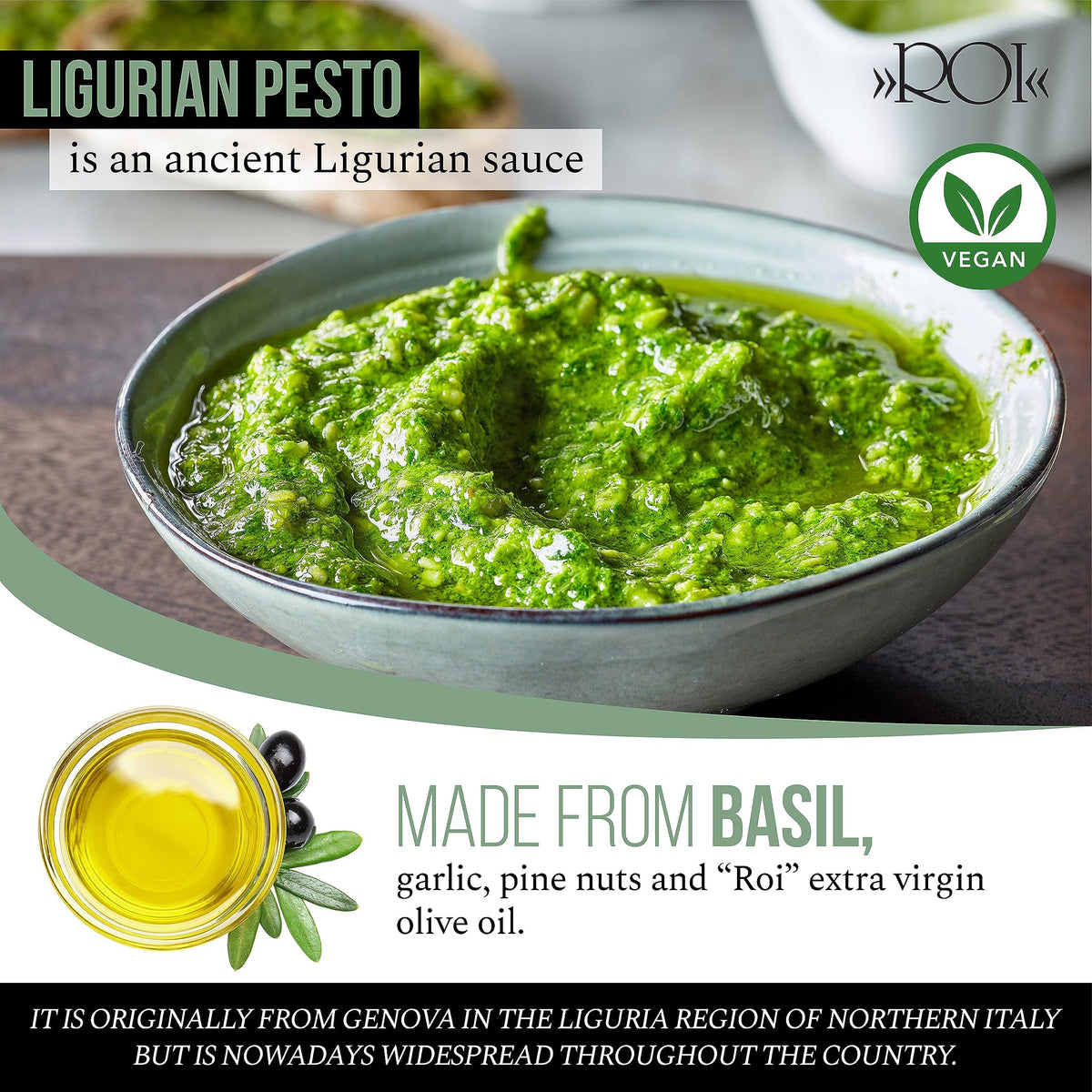 ROI Vegan Pesto Sauce — Genovese DOP Basil, Ligurian EVOO, Gluten Free & Keto Friendly, Non-GMO Italian Pesto (6.3 oz)