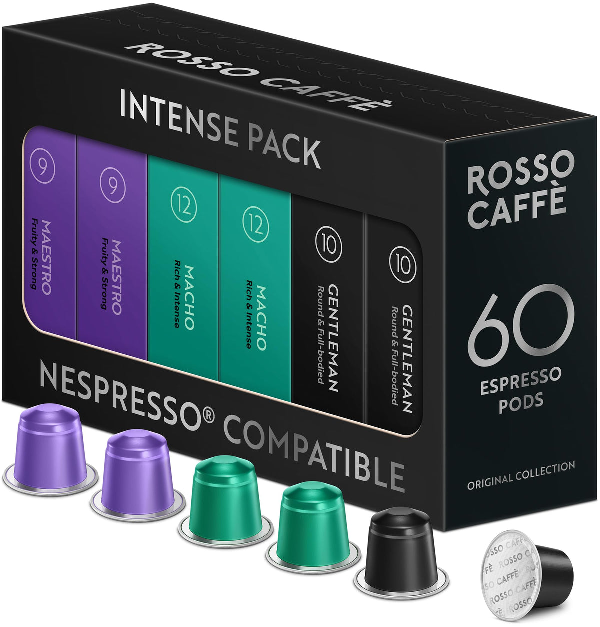 Rosso Caffè 60 Espresso Pods for Nespresso Original Machines – 3 Rich, Intense Dark Flavors