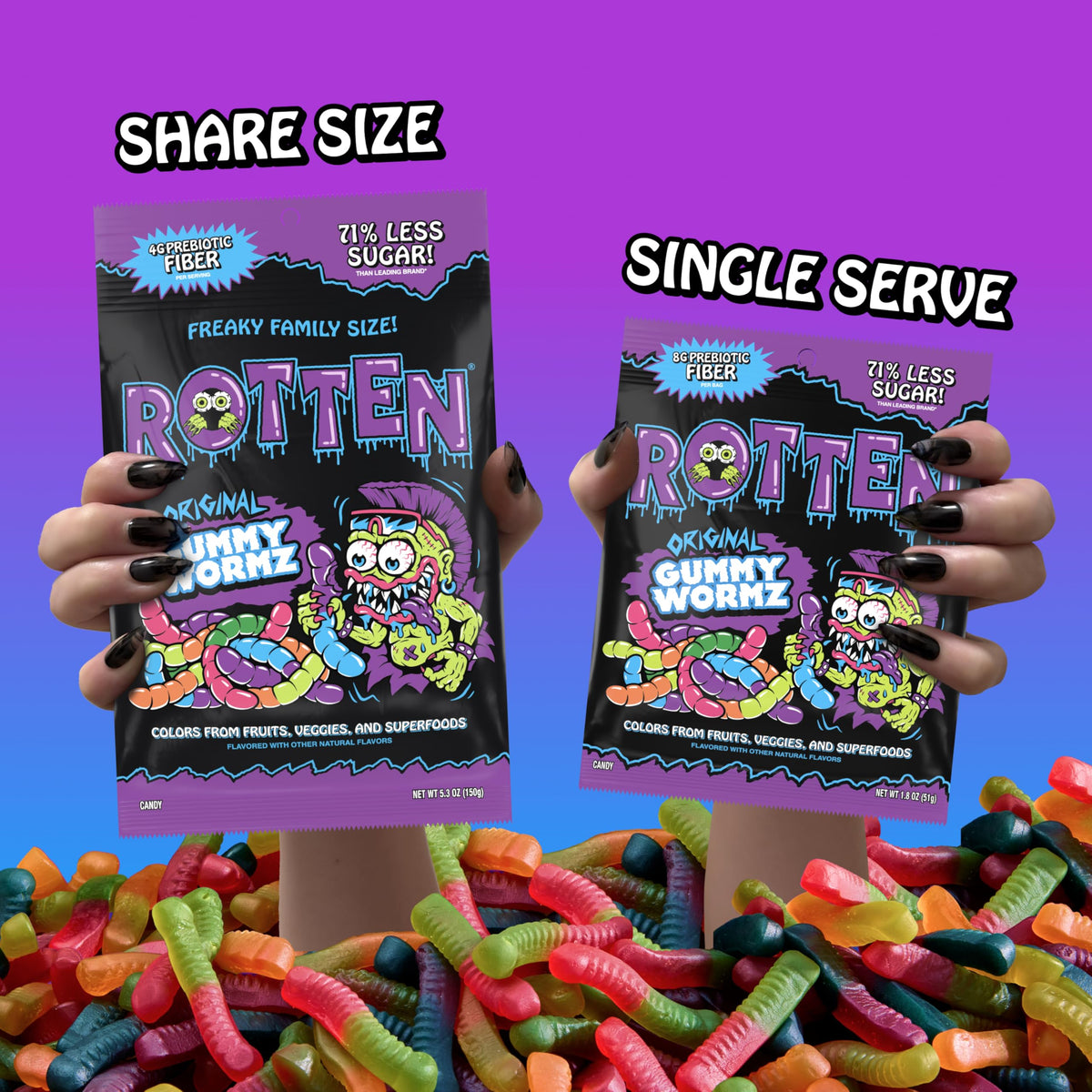 Rotten Original Gummy Worms – Low Sugar, Low Calorie, 7g Prebiotic Fiber & 3g Protein, Gluten Free Candy (1.8 oz, 8-Pack)