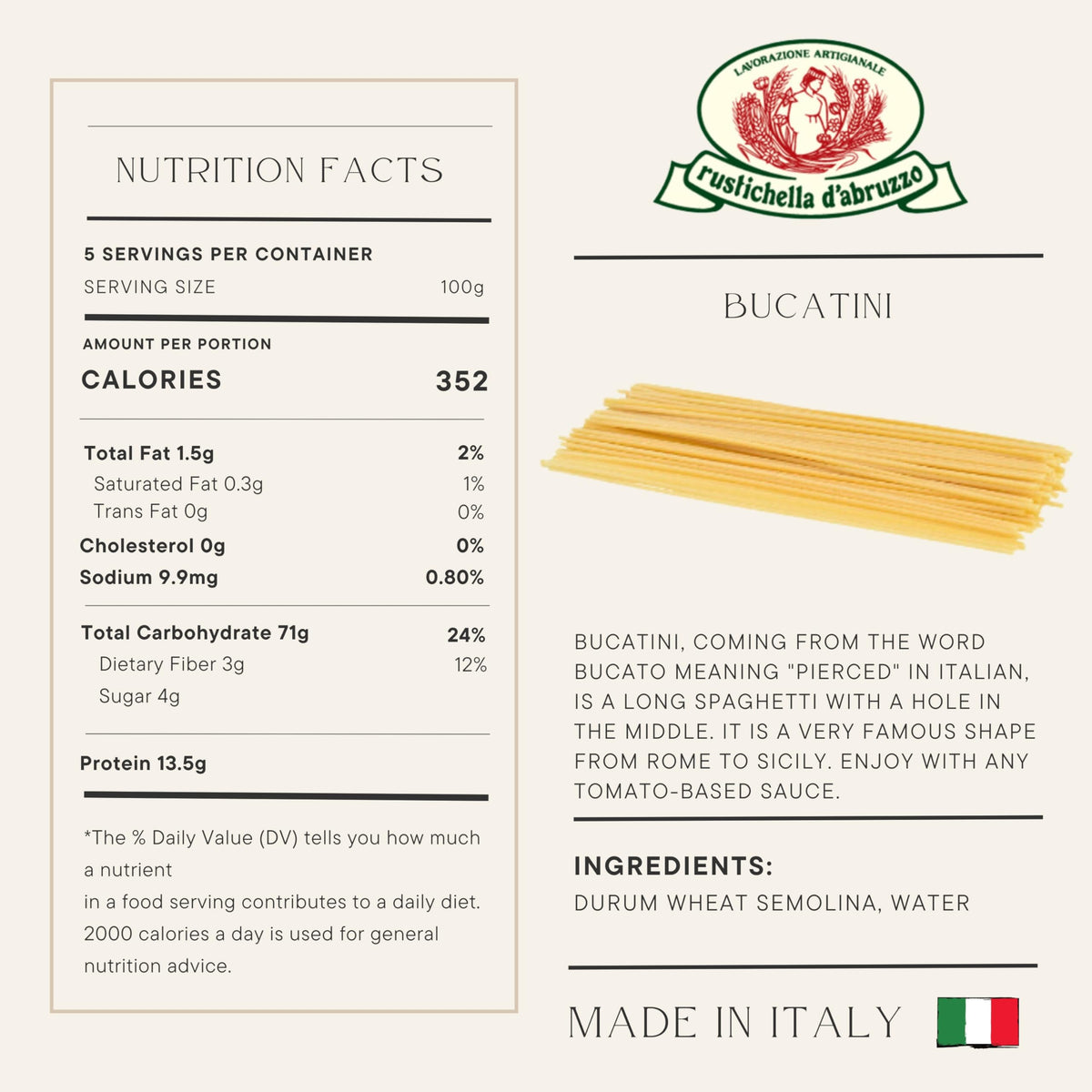 Rustichella d'Abruzzo Bucatini (Two 500g Packs) — Classic Italian Pasta with Hollow Center for Saucy Amatriciana