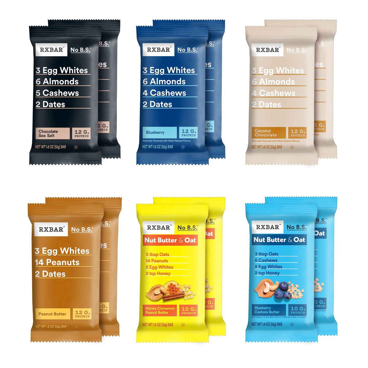 RXBAR Variety Pack — 12 Protein Bars (Peanut Butter, Blueberry, Coconut Chocolate, Sea Salt)