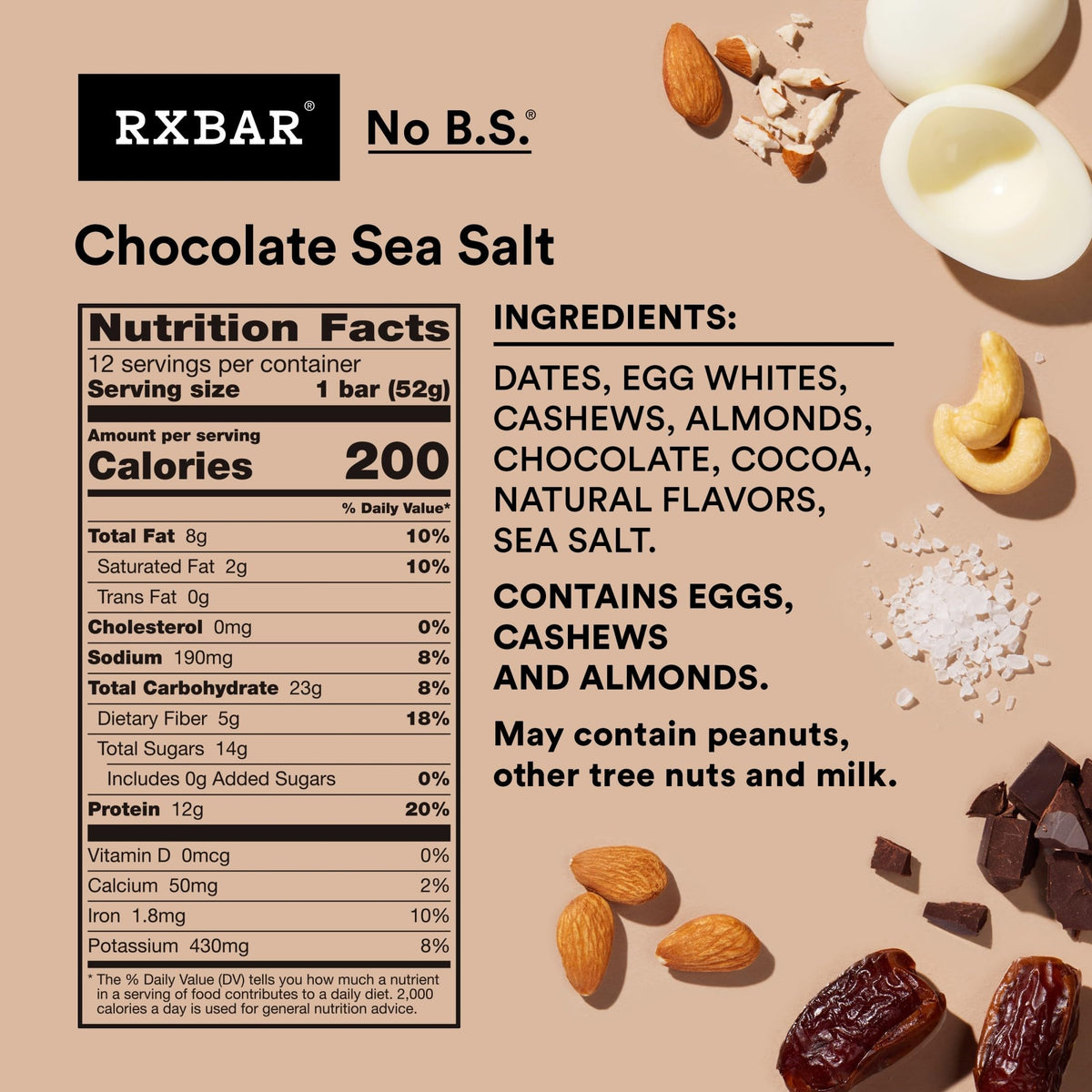 RXBAR Chocolate Sea Salt Protein Bars - 12 Count Box (22oz) | 12g Protein, Gluten Free