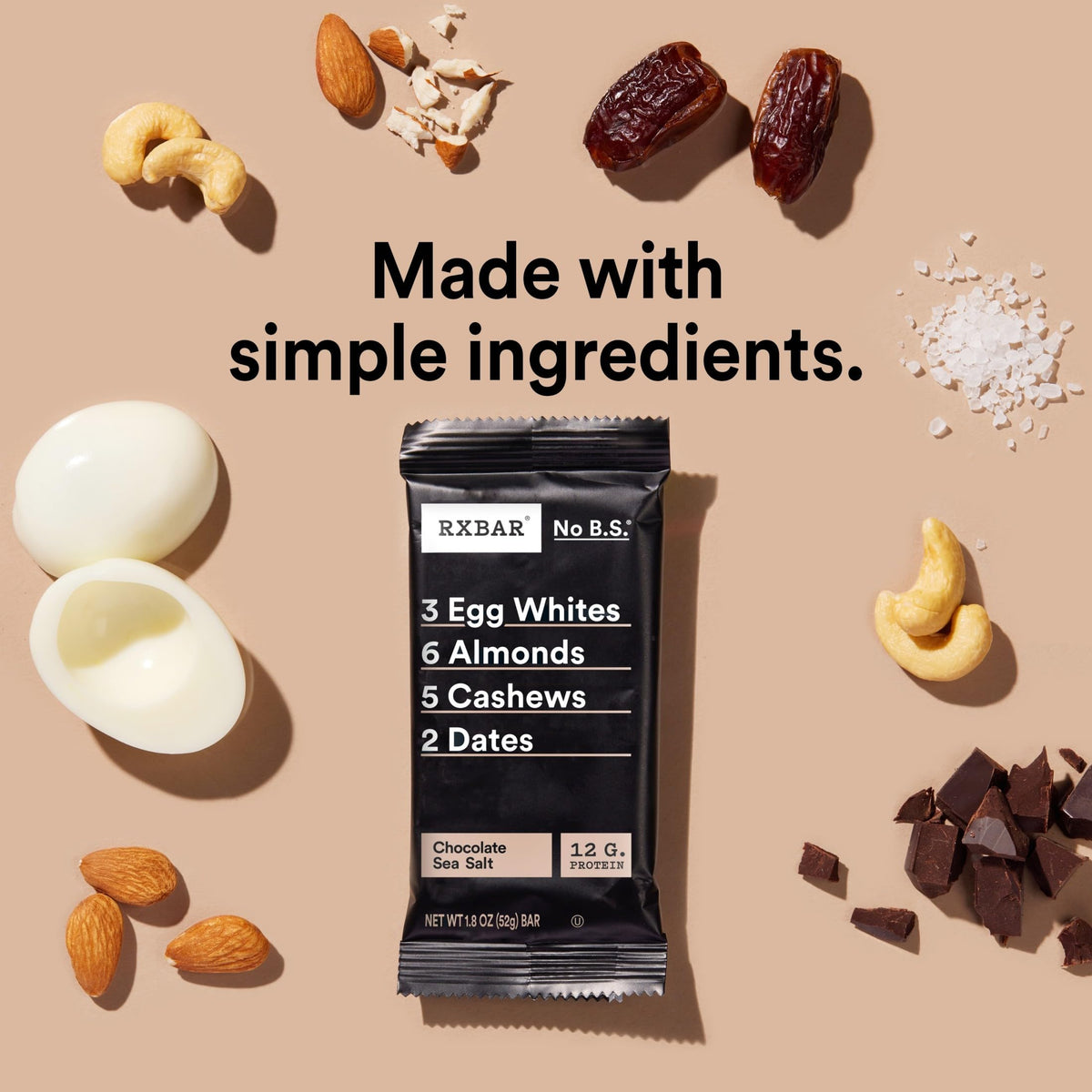 RXBAR Chocolate Sea Salt Protein Bars - 12 Count Box (22oz) | 12g Protein, Gluten Free