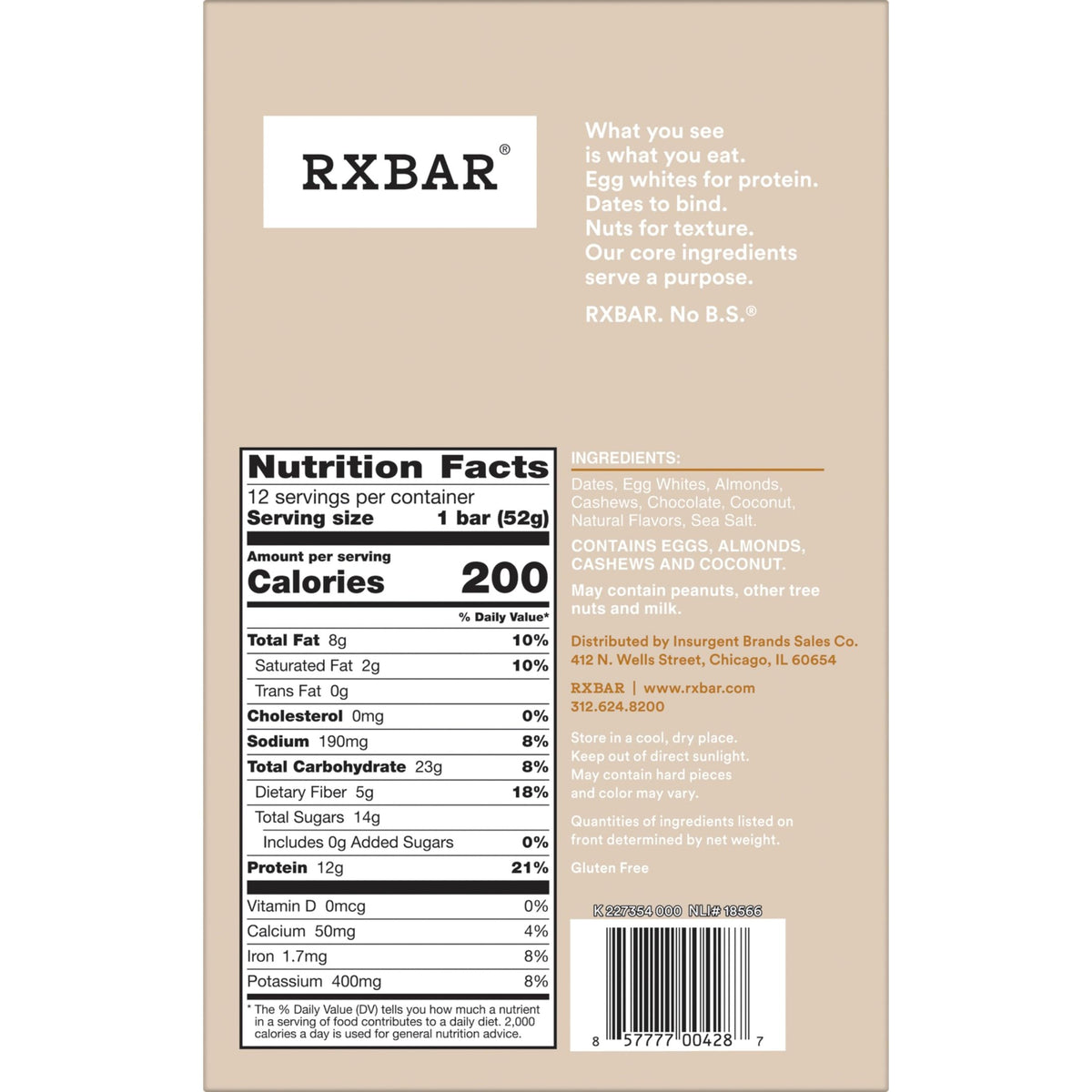 RXBAR Coconut Chocolate Protein Bars – 12 Bars, 22oz Box | 12g Protein