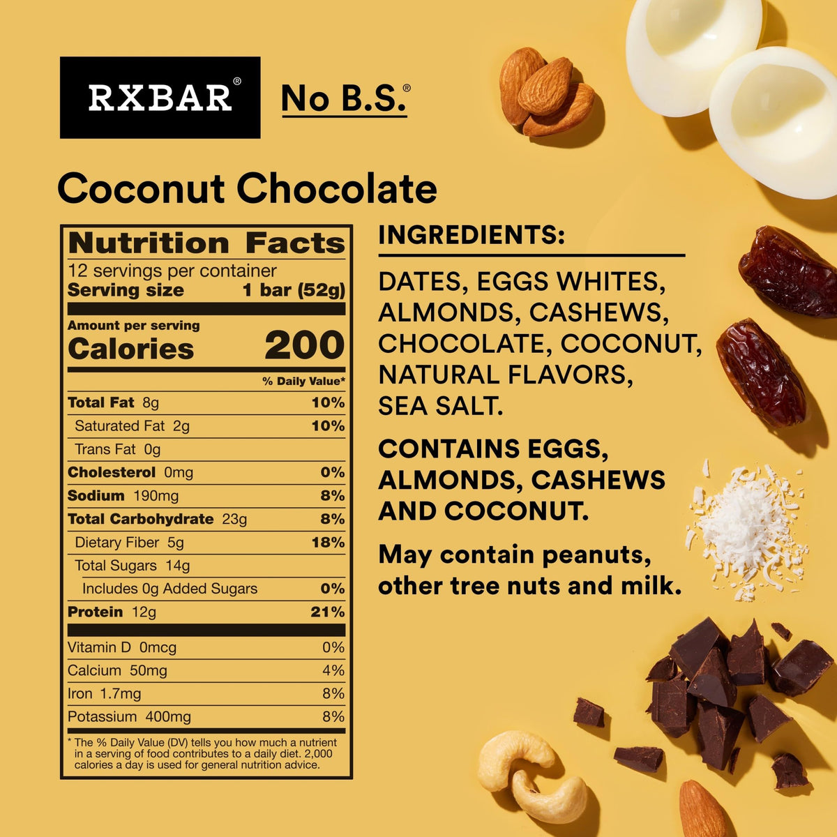 RXBAR Coconut Chocolate Protein Bars – 12 Bars, 22oz Box | 12g Protein