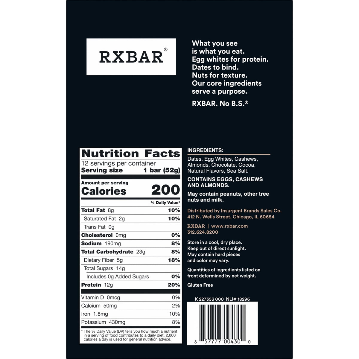 RXBAR Chocolate Sea Salt Protein Bars - 12 Count Box (22oz) | 12g Protein, Gluten Free