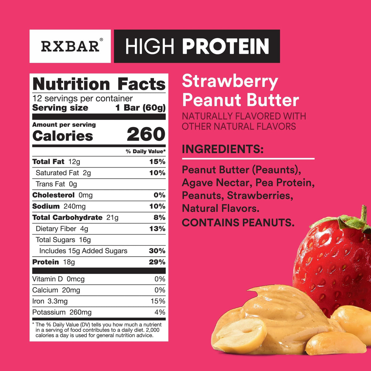 RXBAR High Protein Bars – Gluten Free, Strawberry Peanut Butter, 12 Bars (25.3oz Box)