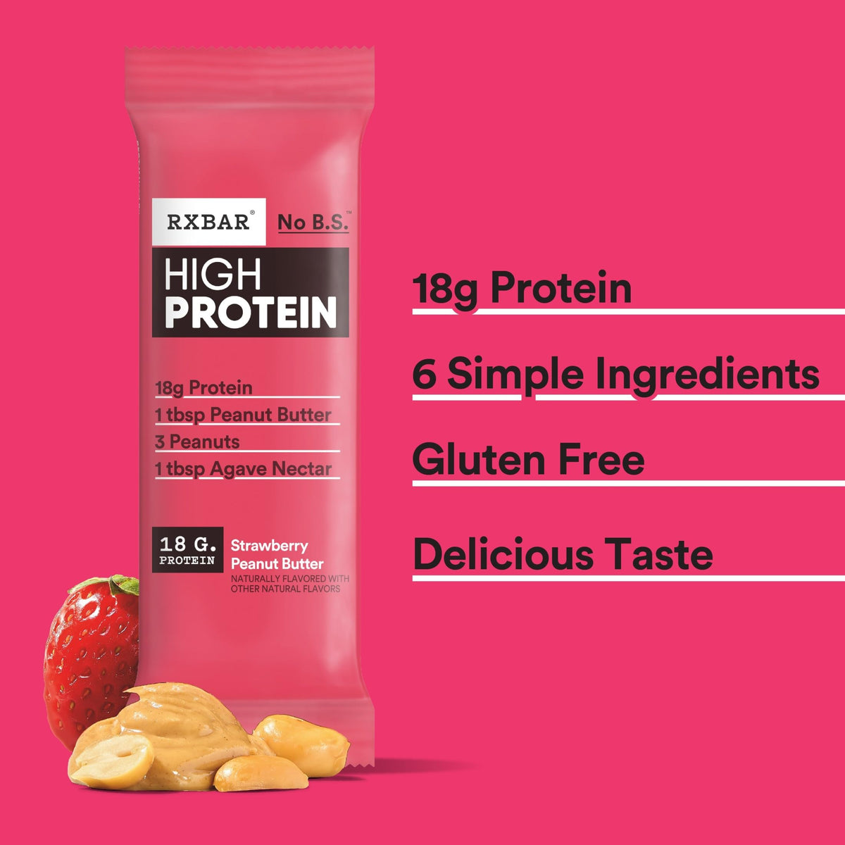 RXBAR High Protein Bars – Gluten Free, Strawberry Peanut Butter, 12 Bars (25.3oz Box)