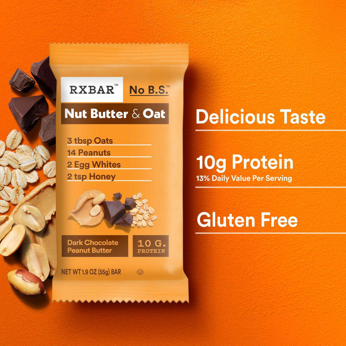 RXBAR Nut Butter & Oat Dark Chocolate Peanut Butter Bars – 12 Bars (23.2 oz Box)