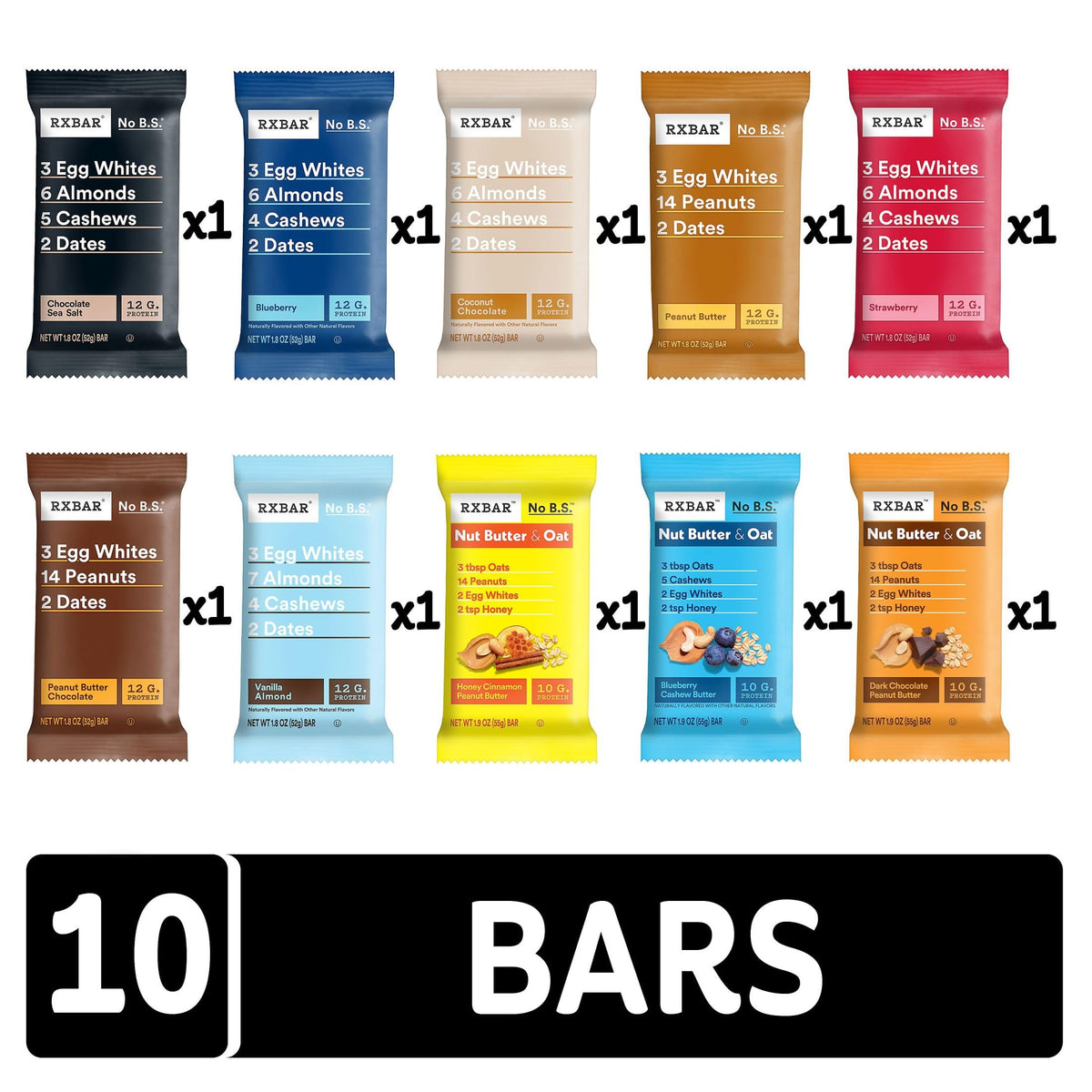 RXBAR Protein Bars Variety Pack (10 Count) – 7 Flavors + 3 Nut Butter & Oat Bars | Gluten-Free