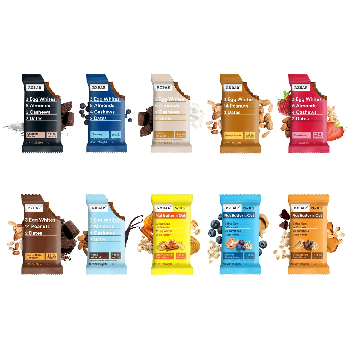 RXBAR Protein Bars Variety Pack (10 Count) – 7 Flavors + 3 Nut Butter & Oat Bars | Gluten-Free