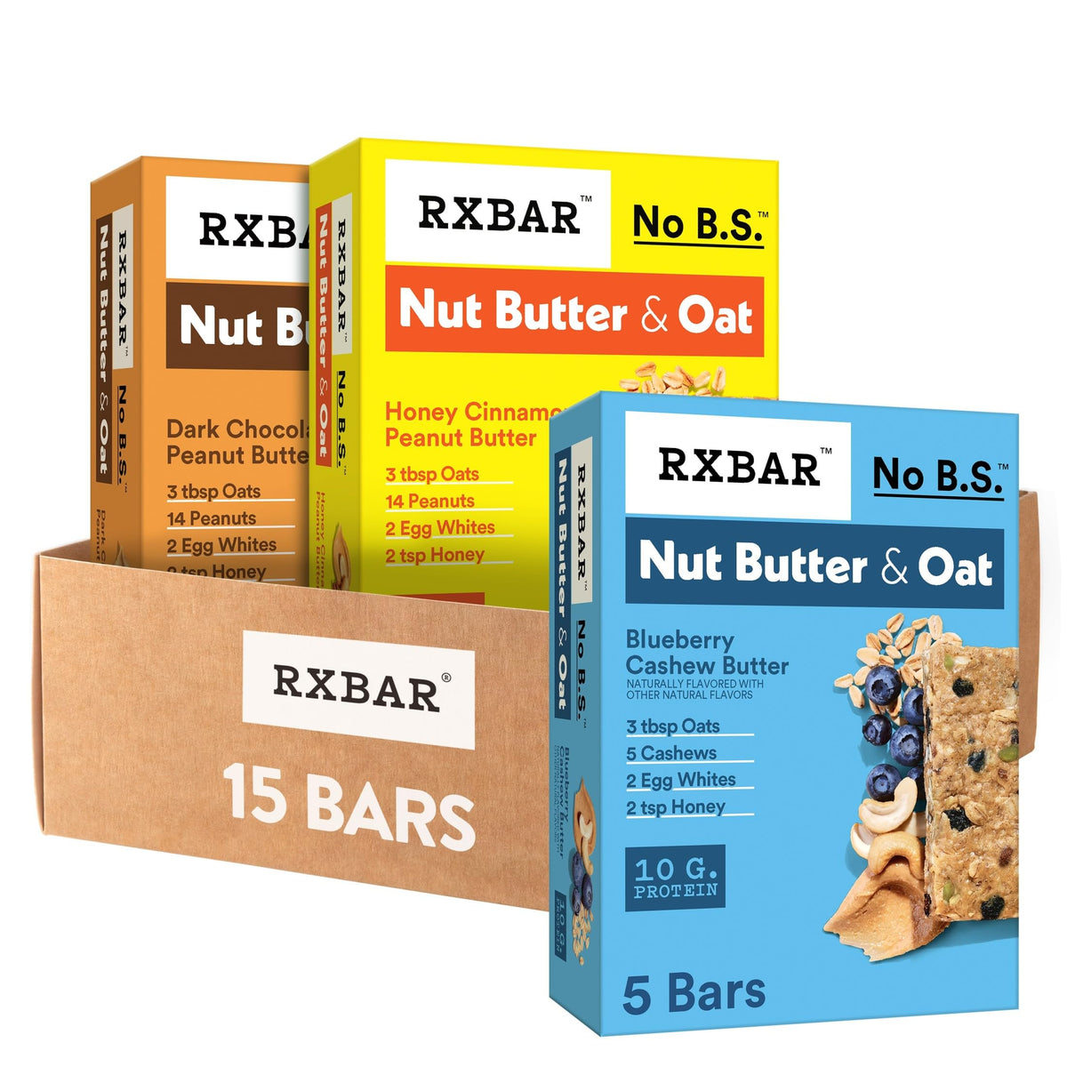 RXBAR Nut Butter & Oat Protein Bars Variety Pack | 15 Bars, 3 Boxes | High-Protein Snack
