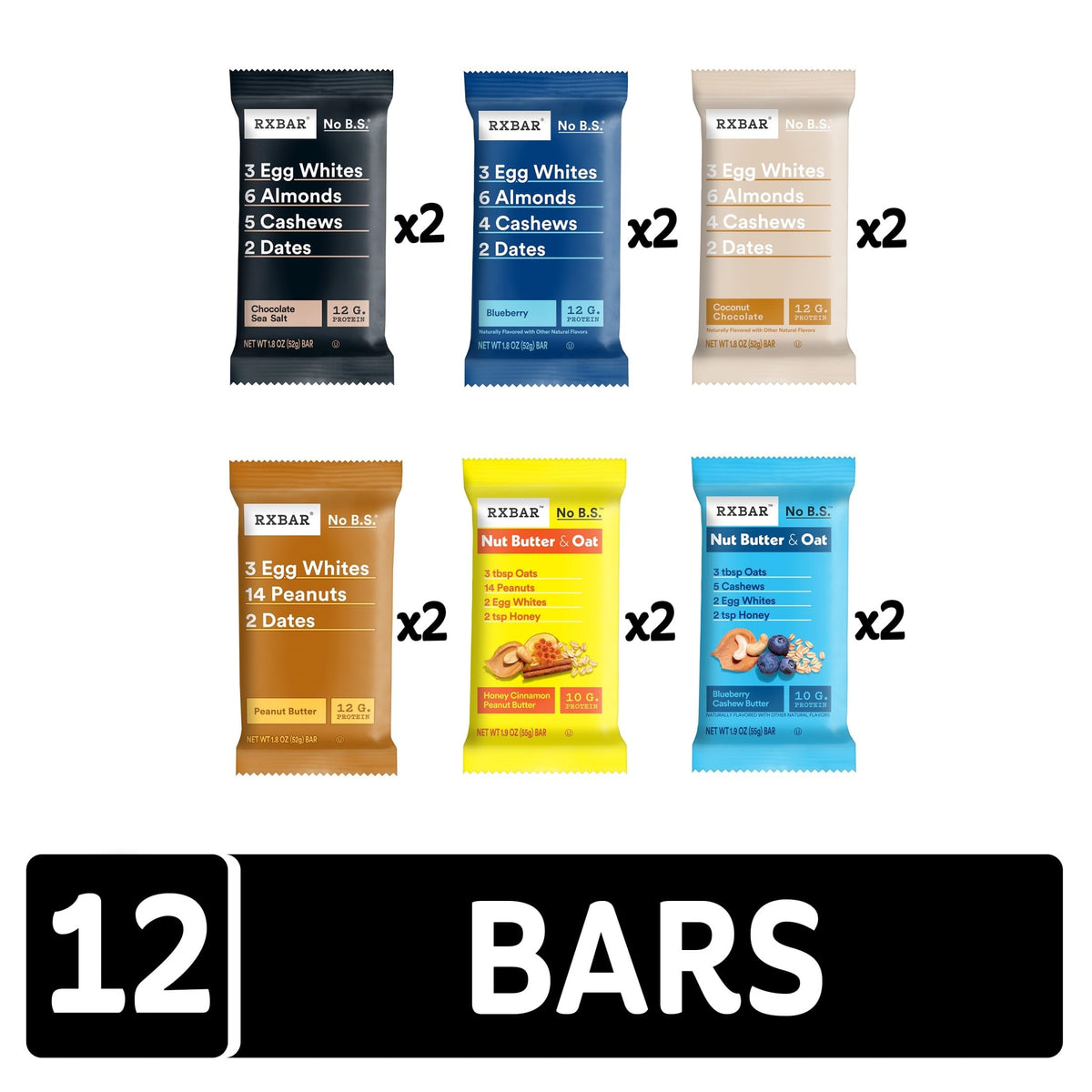 RXBAR Variety Pack — 12 Protein Bars (Peanut Butter, Blueberry, Coconut Chocolate, Sea Salt)