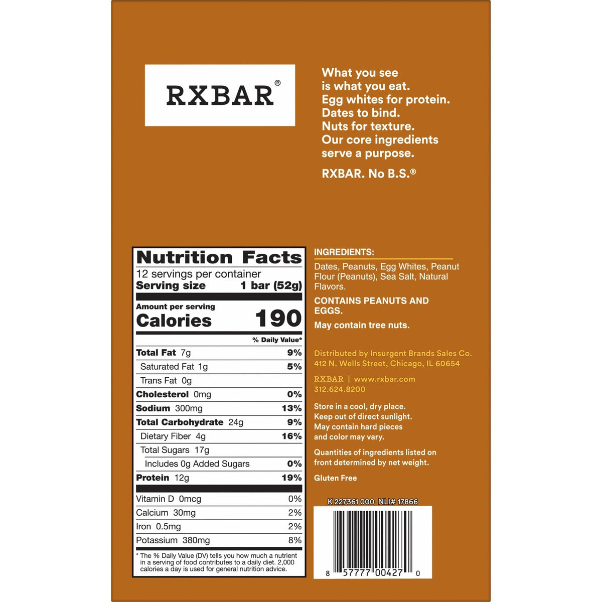 RXBAR Peanut Butter Protein Bars – 12g Protein, Gluten Free Snack, 12-Count Box (22oz)