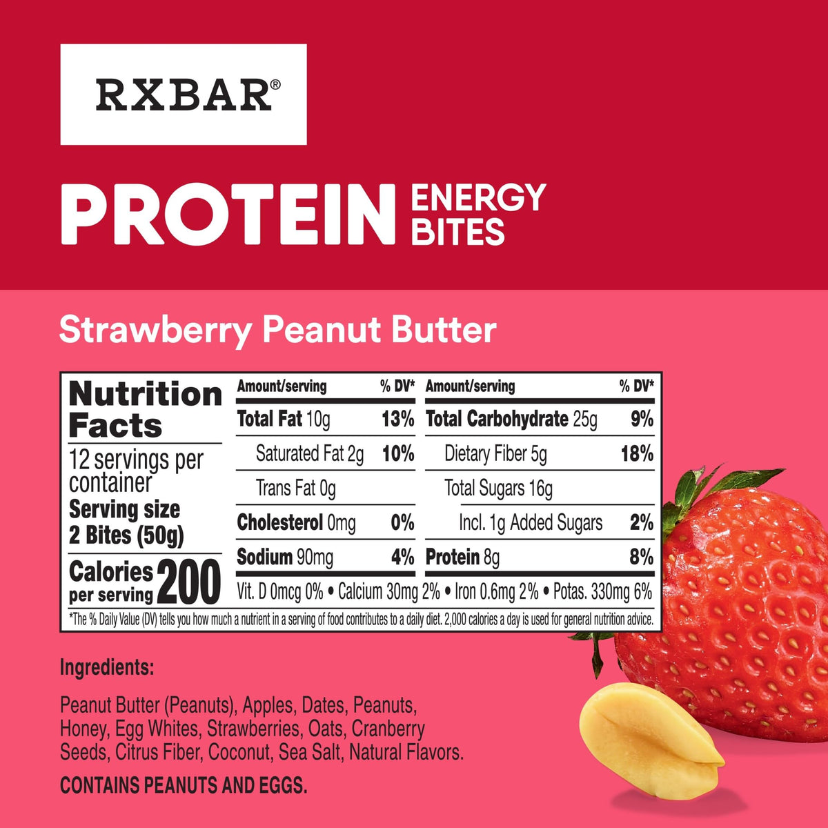 RXBAR Protein Energy Bites Strawberry Peanut Butter – Gluten Free Snack, 21.1 oz Box (24 Bites)