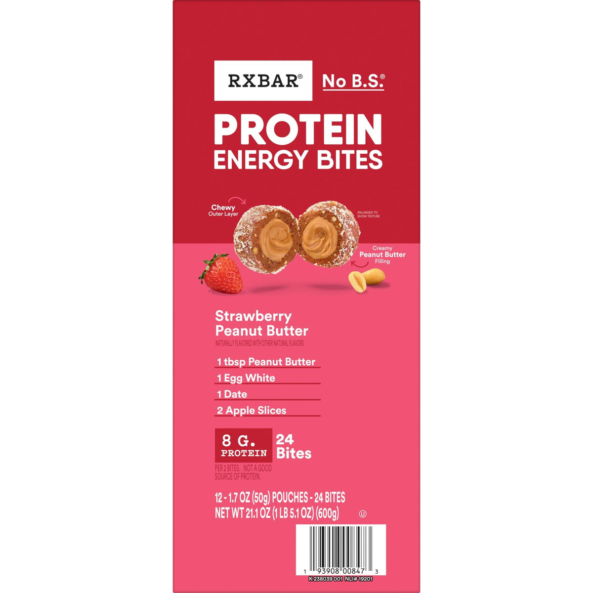 RXBAR Protein Energy Bites Strawberry Peanut Butter – Gluten Free Snack, 21.1 oz Box (24 Bites)