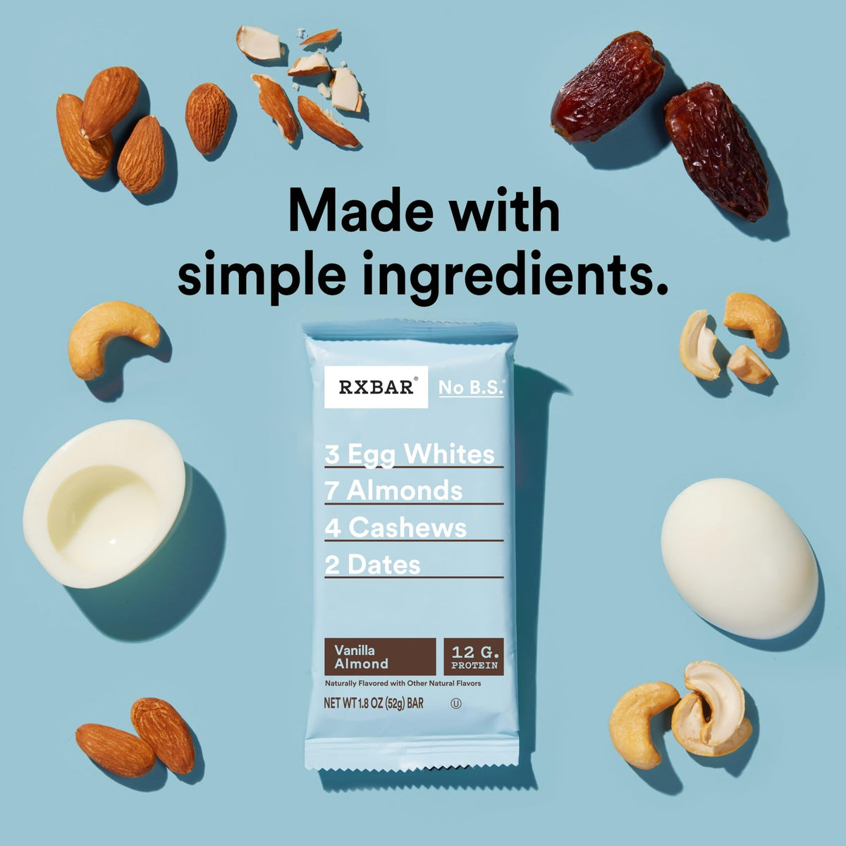 RXBAR Vanilla Almond Protein Bars – 22oz Box (12 Bars) | 12g Protein, Gluten Free