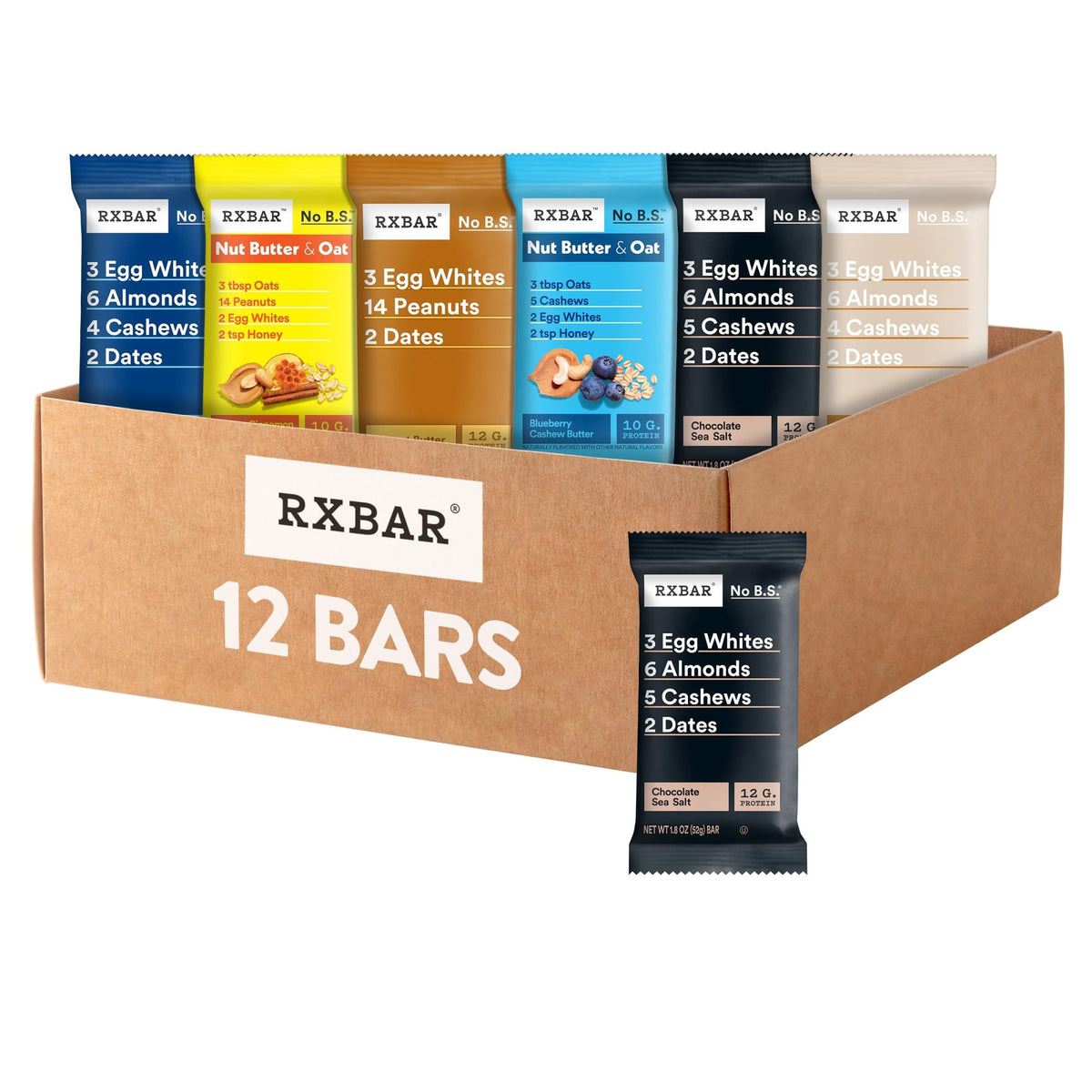 RXBAR Variety Pack — 12 Protein Bars (Peanut Butter, Blueberry, Coconut Chocolate, Sea Salt)