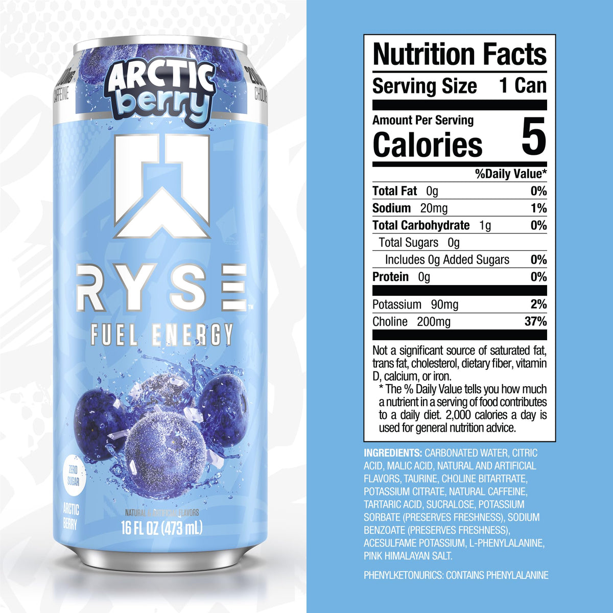 RYSE Fuel Energy Drink Arctic Berry – Sugar Free, 200mg Caffeine, Vegan & Gluten Free (12-Pack)