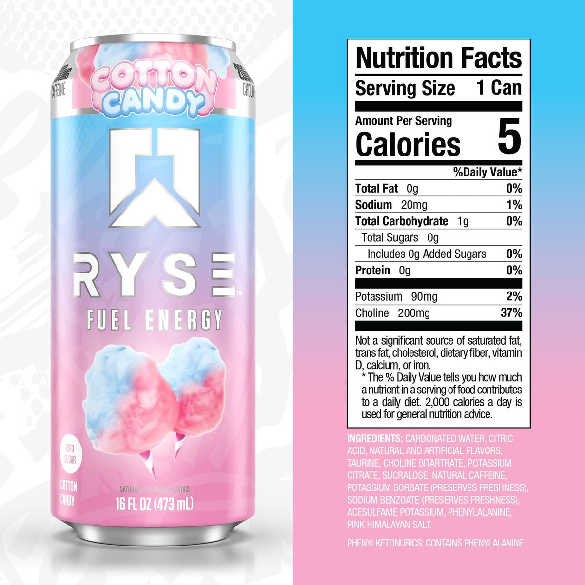 RYSE Fuel Energy Drink – Cotton Candy, Sugar Free, 200mg Caffeine, 16oz Cans (12-Pack)