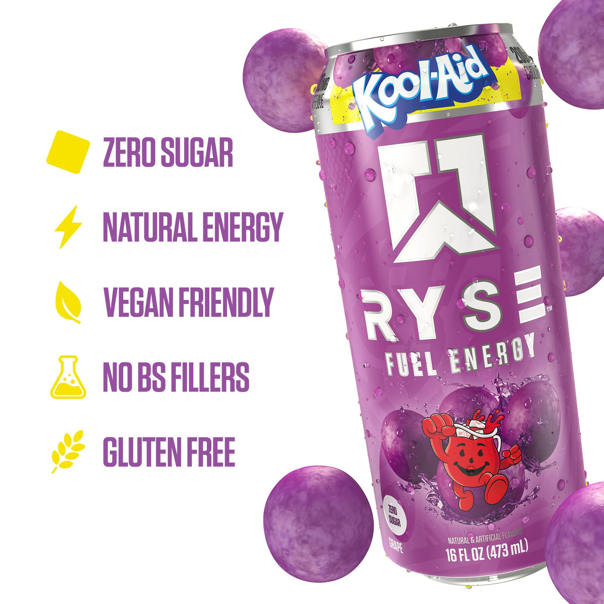 RYSE Fuel Energy Drink Kool-Aid Grape – Sugar Free, Vegan, Gluten Free | 200mg Caffeine, 16oz Can (12-Pack)