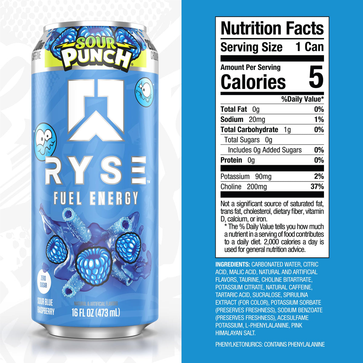 RYSE Fuel Energy Drink – Sour Punch Blue Raspberry – Sugar Free, Vegan, Gluten Free, 200mg Caffeine | 16 fl oz Cans (12-Pack)
