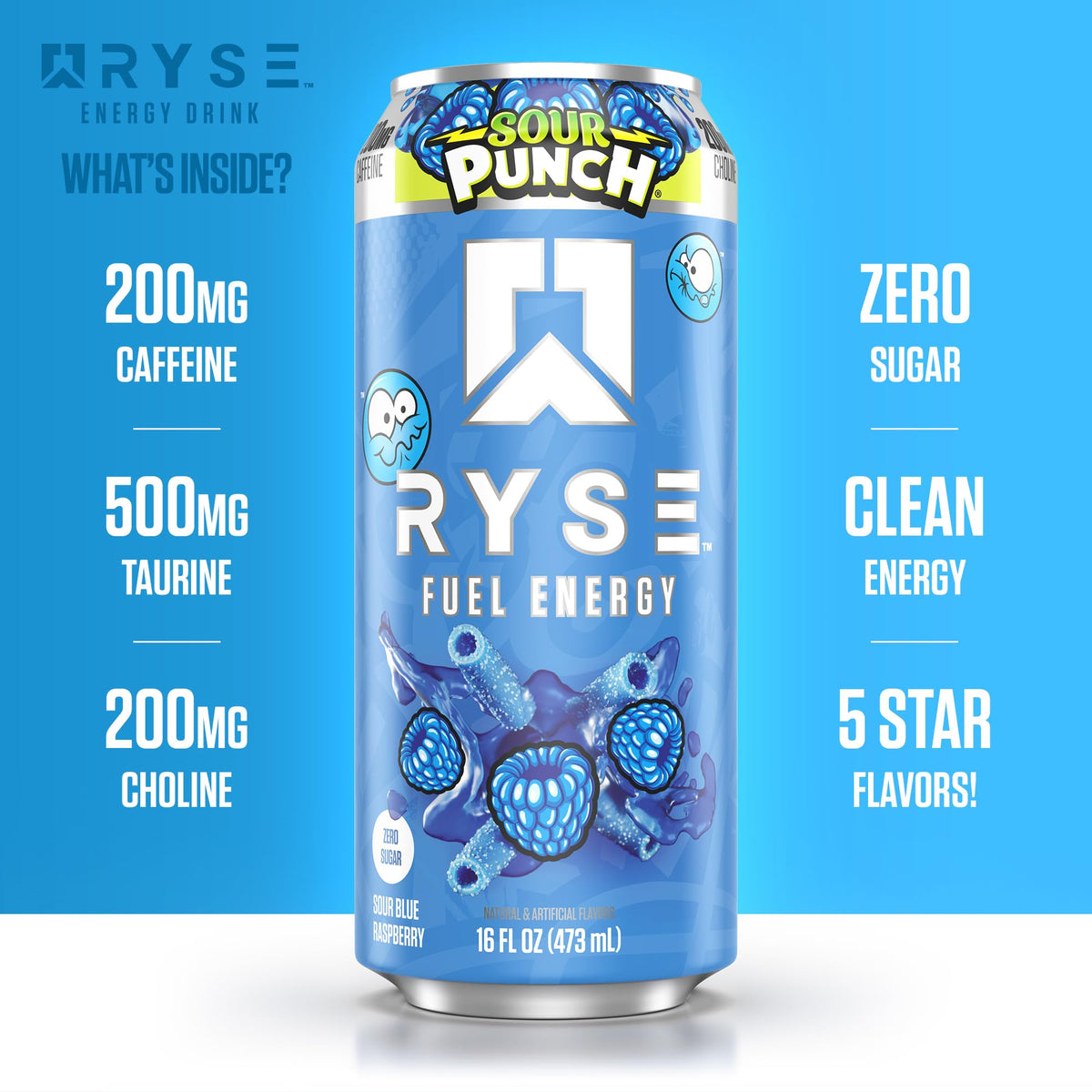 RYSE Fuel Energy Drink – Sour Punch Blue Raspberry – Sugar Free, Vegan, Gluten Free, 200mg Caffeine | 16 fl oz Cans (12-Pack)