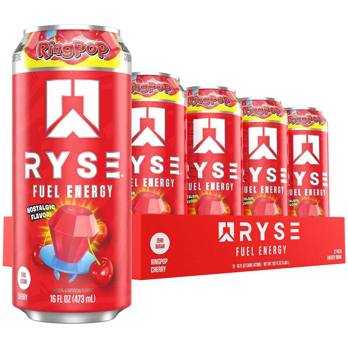 RYSE Fuel Ring Pop Cherry – Sugar Free, Vegan & Gluten Free Energy Drink | 200 mg Caffeine, 16 oz Can (12-Pack)
