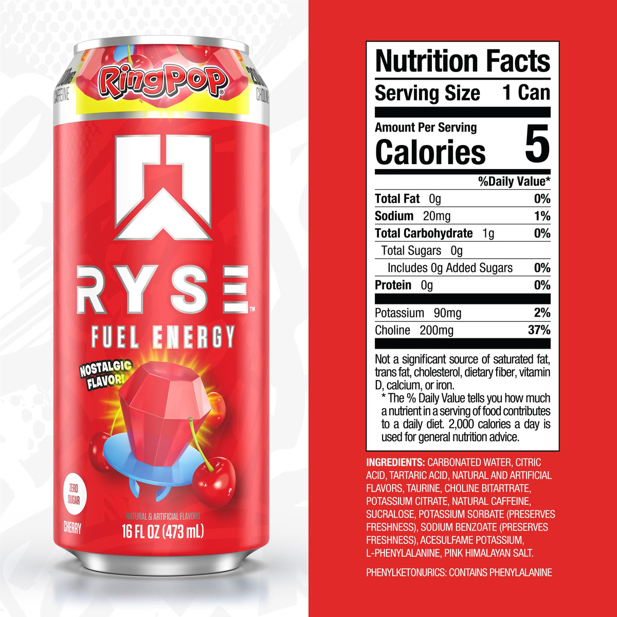 RYSE Fuel Ring Pop Cherry – Sugar Free, Vegan & Gluten Free Energy Drink | 200 mg Caffeine, 16 oz Can (12-Pack)