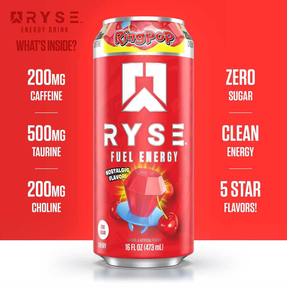 RYSE Fuel Ring Pop Cherry – Sugar Free, Vegan & Gluten Free Energy Drink | 200 mg Caffeine, 16 oz Can (12-Pack)