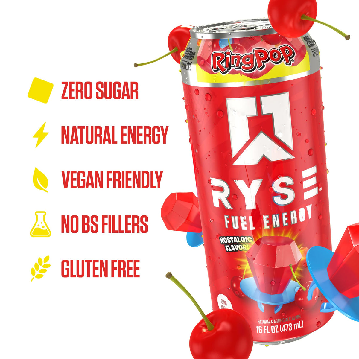 RYSE Fuel Ring Pop Cherry – Sugar Free, Vegan & Gluten Free Energy Drink | 200 mg Caffeine, 16 oz Can (12-Pack)