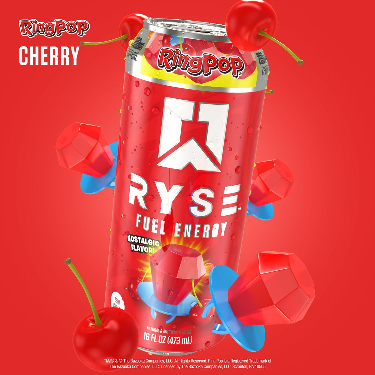 RYSE Fuel Ring Pop Cherry – Sugar Free, Vegan & Gluten Free Energy Drink | 200 mg Caffeine, 16 oz Can (12-Pack)