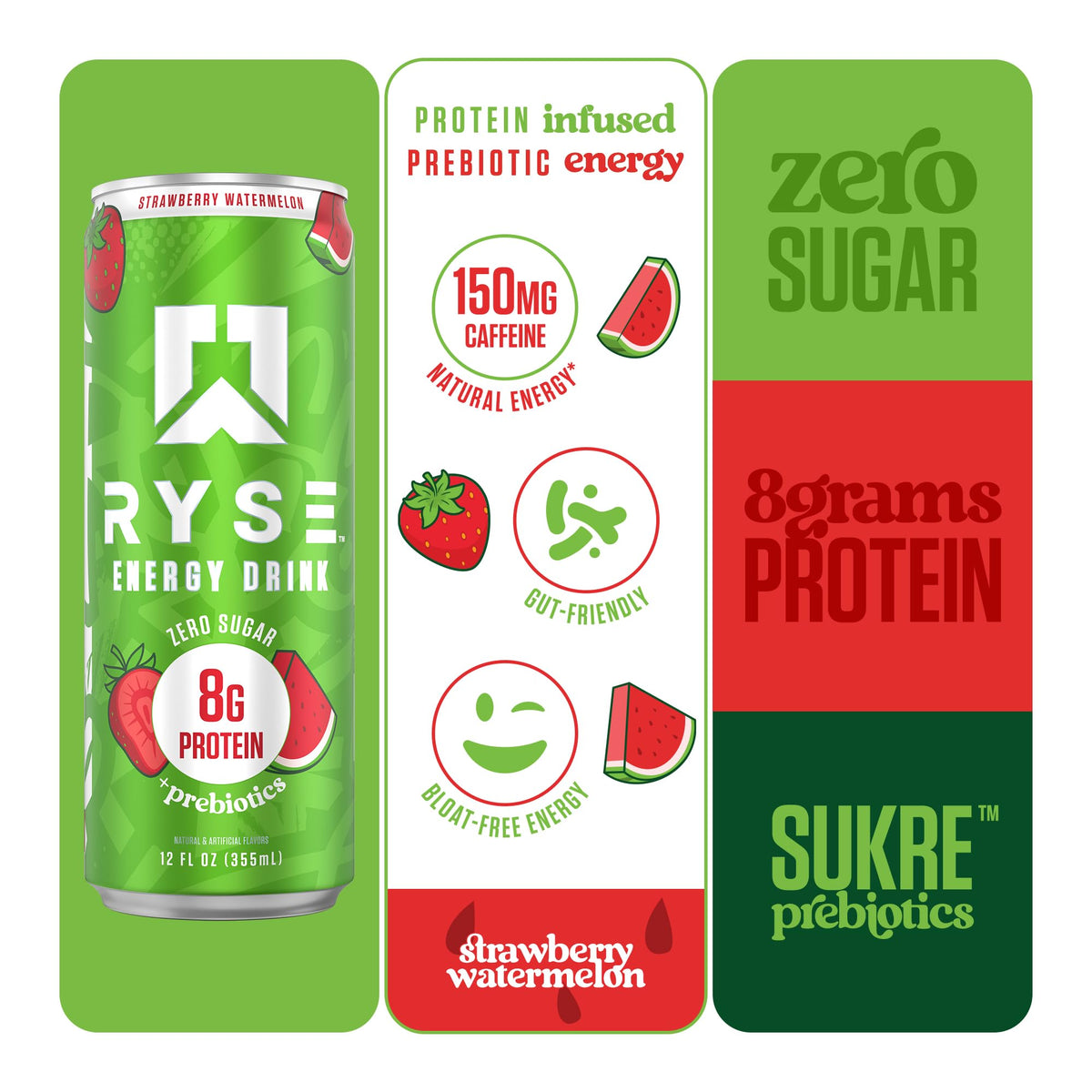 RYSE Functional Energy Drink – Strawberry Watermelon | 150mg Caffeine, 8g Protein, 1g Prebiotic | Sugar Free