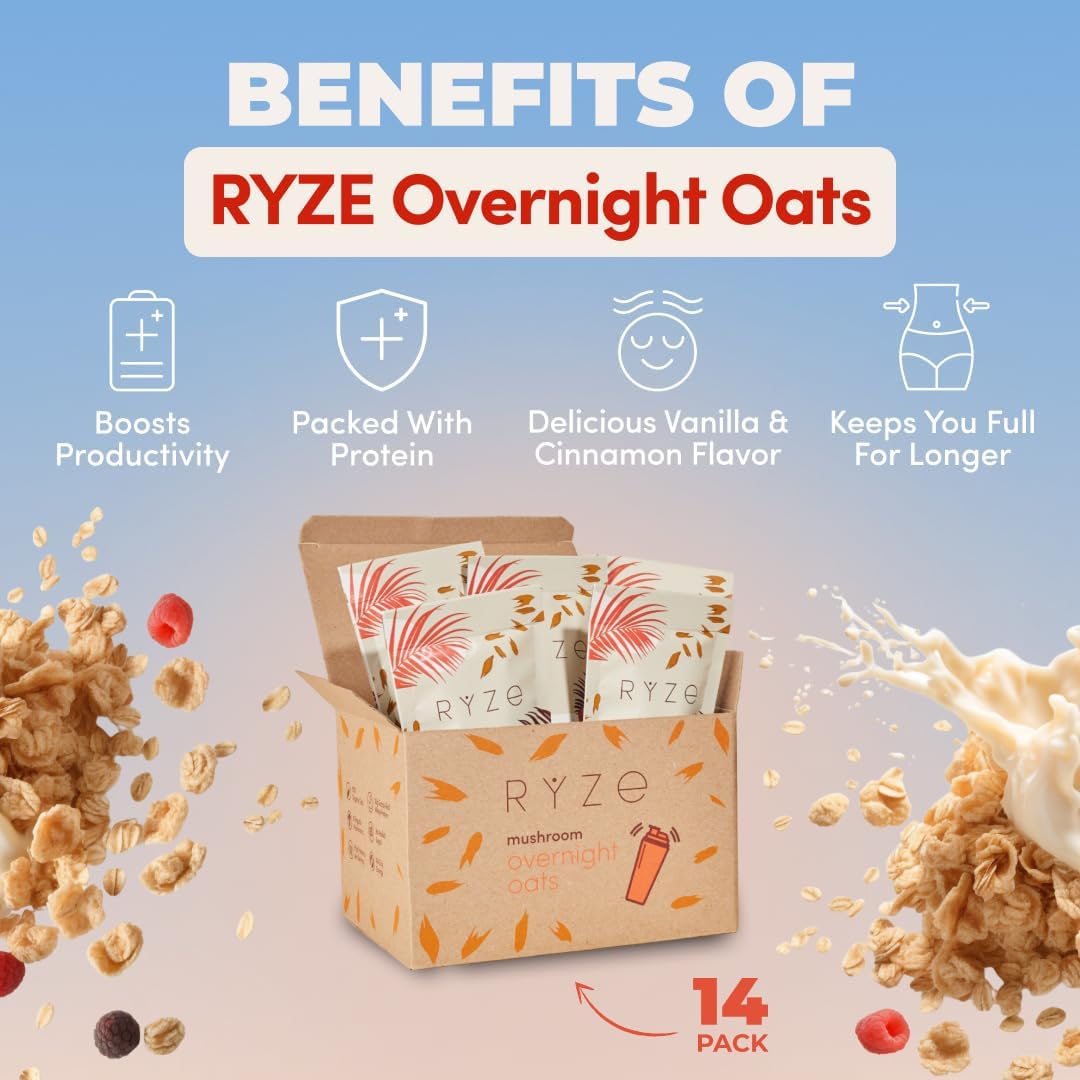 RYZE SUPERFOODS Mushroom Protein Overnight Oats – 7 Servings, 20g Grass-Fed Whey, 6 Adaptogenic Mushrooms, Chia Seeds