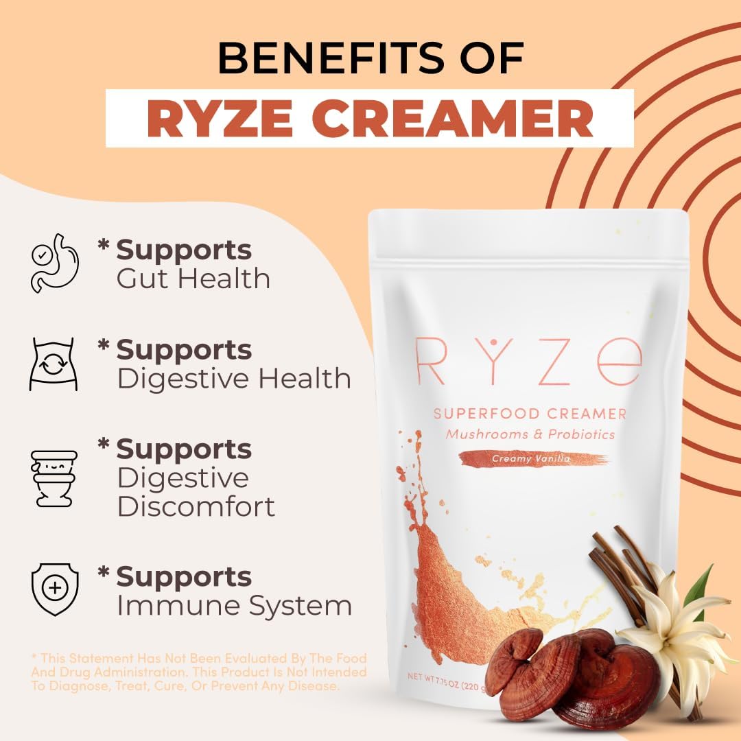 RYZE SUPERFOODS Probiotic Coffee Creamer with 6 Organic Adaptogenic Mushrooms & Probiotics – Gluten Free, USA Grown