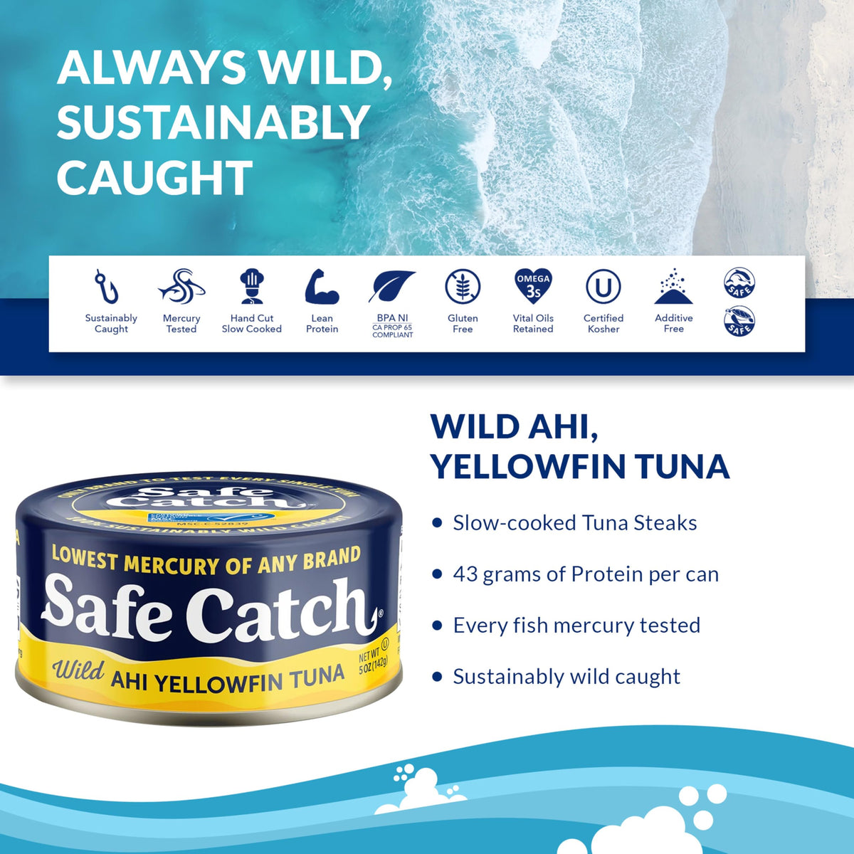 Safe Catch Wild Ahi Yellowfin Tuna – Low Mercury, Gluten-Free, Kosher, 6 Pack