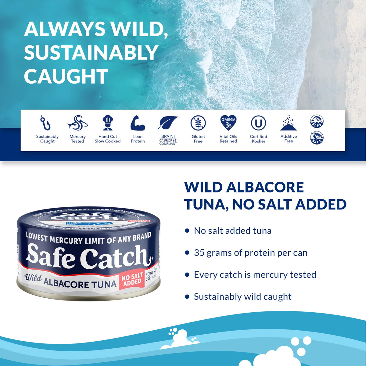 Safe Catch No Salt Added Albacore Tuna — Wild Caught, Low Mercury, Gluten-Free, Kosher, Keto, 5oz Can (6-Pack)