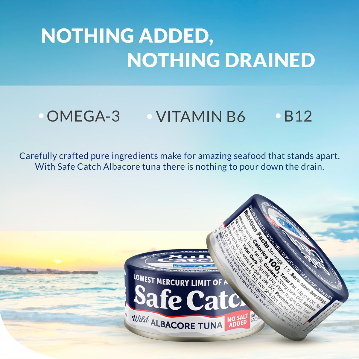 Safe Catch No Salt Added Albacore Tuna — Wild Caught, Low Mercury, Gluten-Free, Kosher, Keto, 5oz Can (6-Pack)