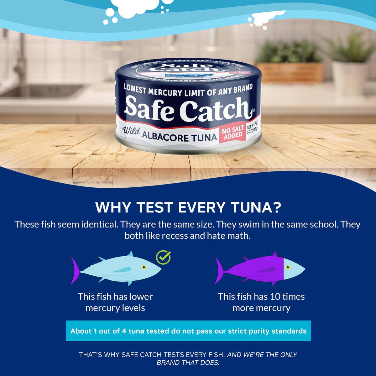Safe Catch No Salt Added Albacore Tuna — Wild Caught, Low Mercury, Gluten-Free, Kosher, Keto, 5oz Can (6-Pack)