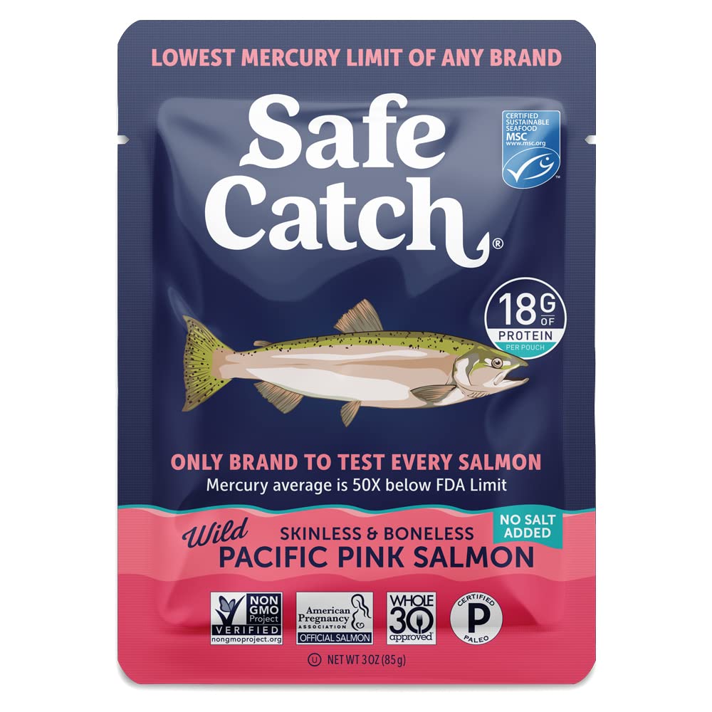 Safe Catch Skinless & Boneless Wild Pacific Pink Salmon Pouch, No Salt Added, Mercury Tested, Kosher, 3oz Pouches, Pack of 12